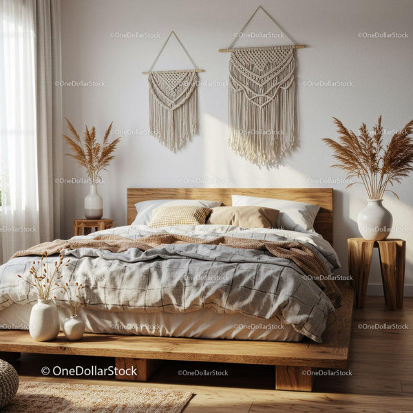 Cozy bedroom with natural decor and macrame wall hangings
