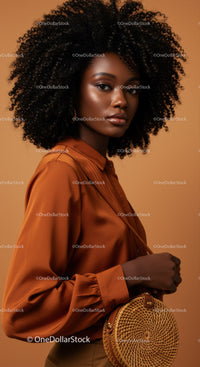 Elegant African Woman in Stylish Outfit with Curly Hair and Bamboo Bag