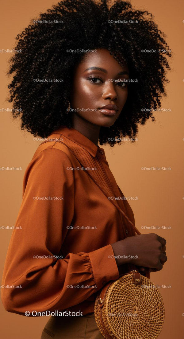 Elegant African Woman in Stylish Outfit with Curly Hair and Bamboo Bag