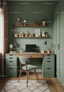 Stylish Green Home Office with Wooden Desk and Shelves
