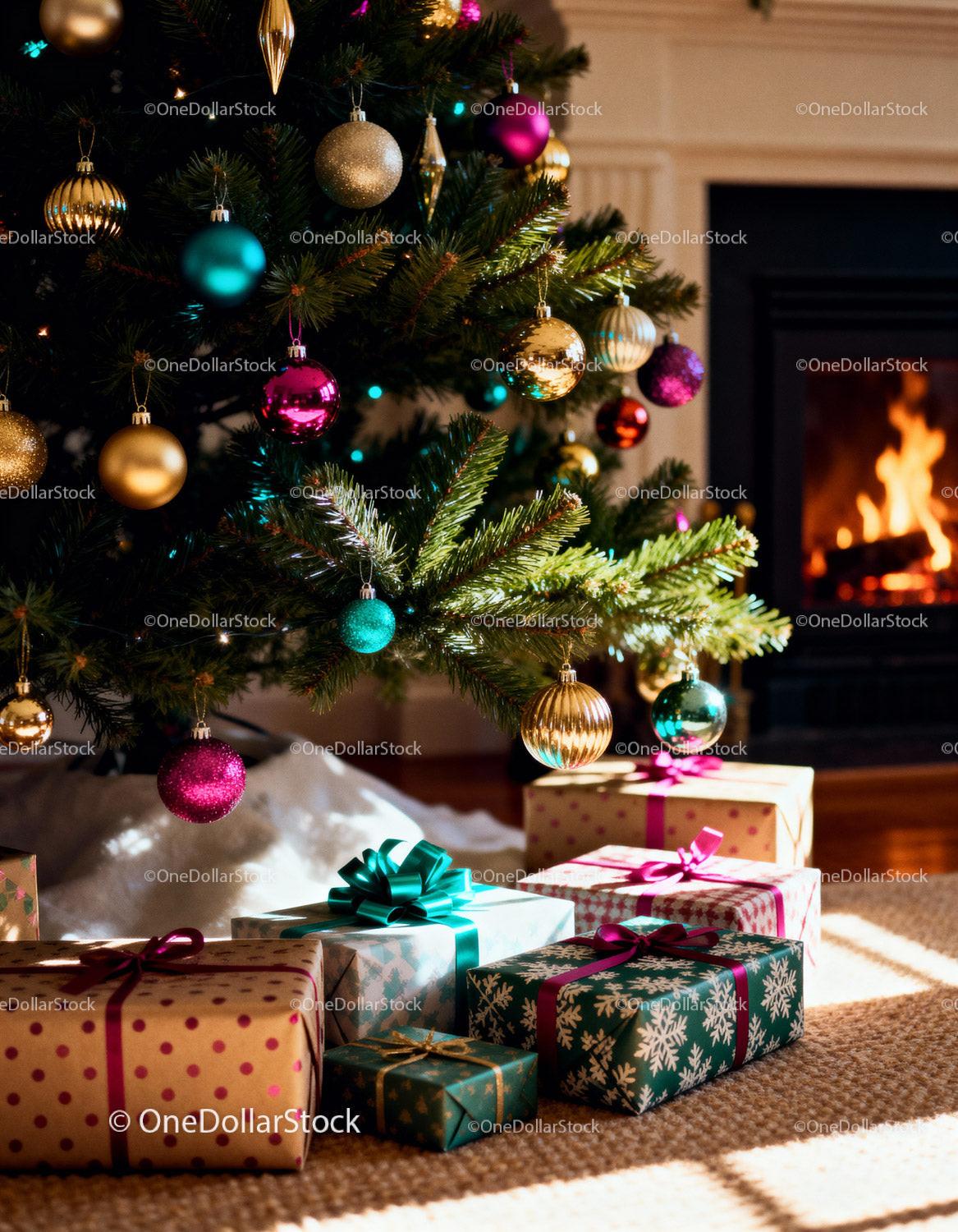 Cozy living room with decorated Christmas tree and gifts