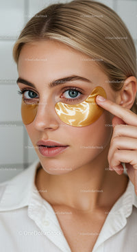 Young Woman Applying Gold Under-Eye Patches for Skin Rejuvenation