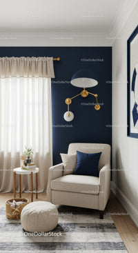 Elegant Cozy Armchair Corner with Gold Wall Sconce and Navy Wall