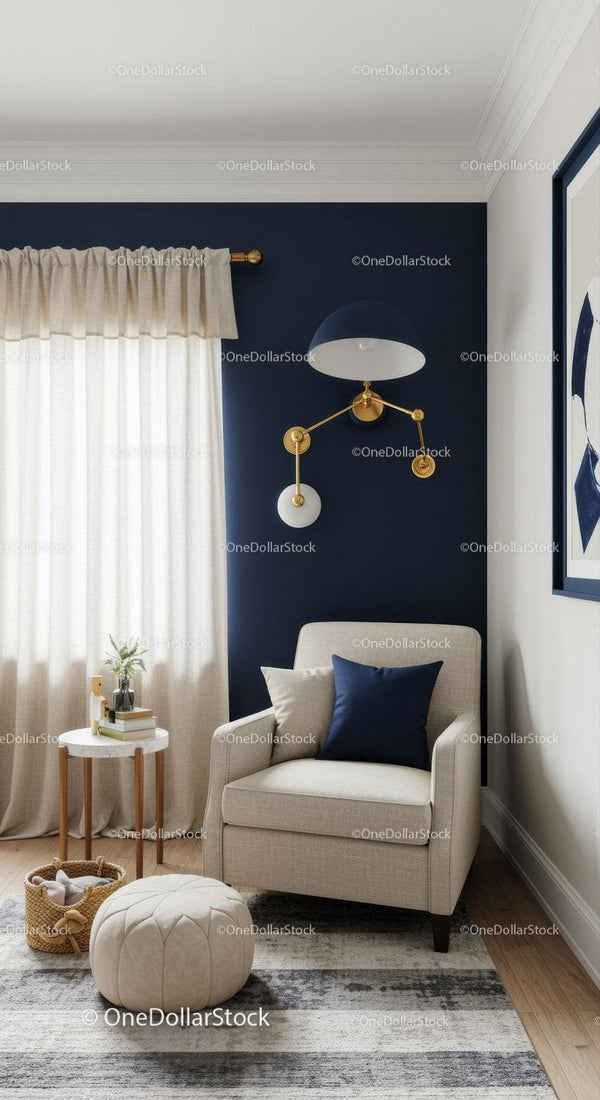 Elegant Cozy Armchair Corner with Gold Wall Sconce and Navy Wall