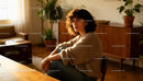 Woman in cozy sweater sitting thoughtfully indoors