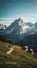 Scenic Mountain Landscape with Snowy Peaks and Green Meadows