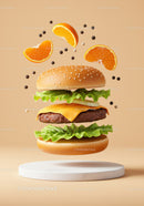 Cheeseburger with lettuce and floating orange slices