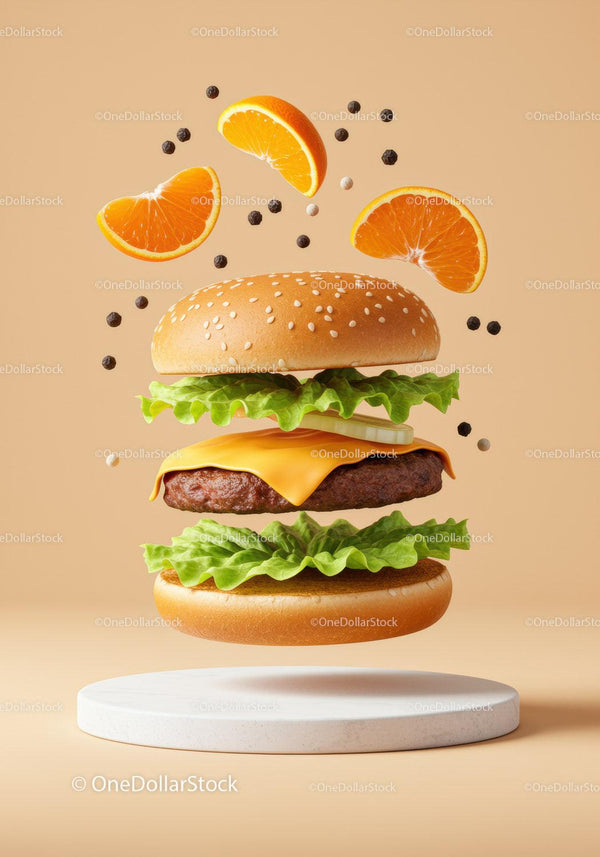 Cheeseburger with lettuce and floating orange slices
