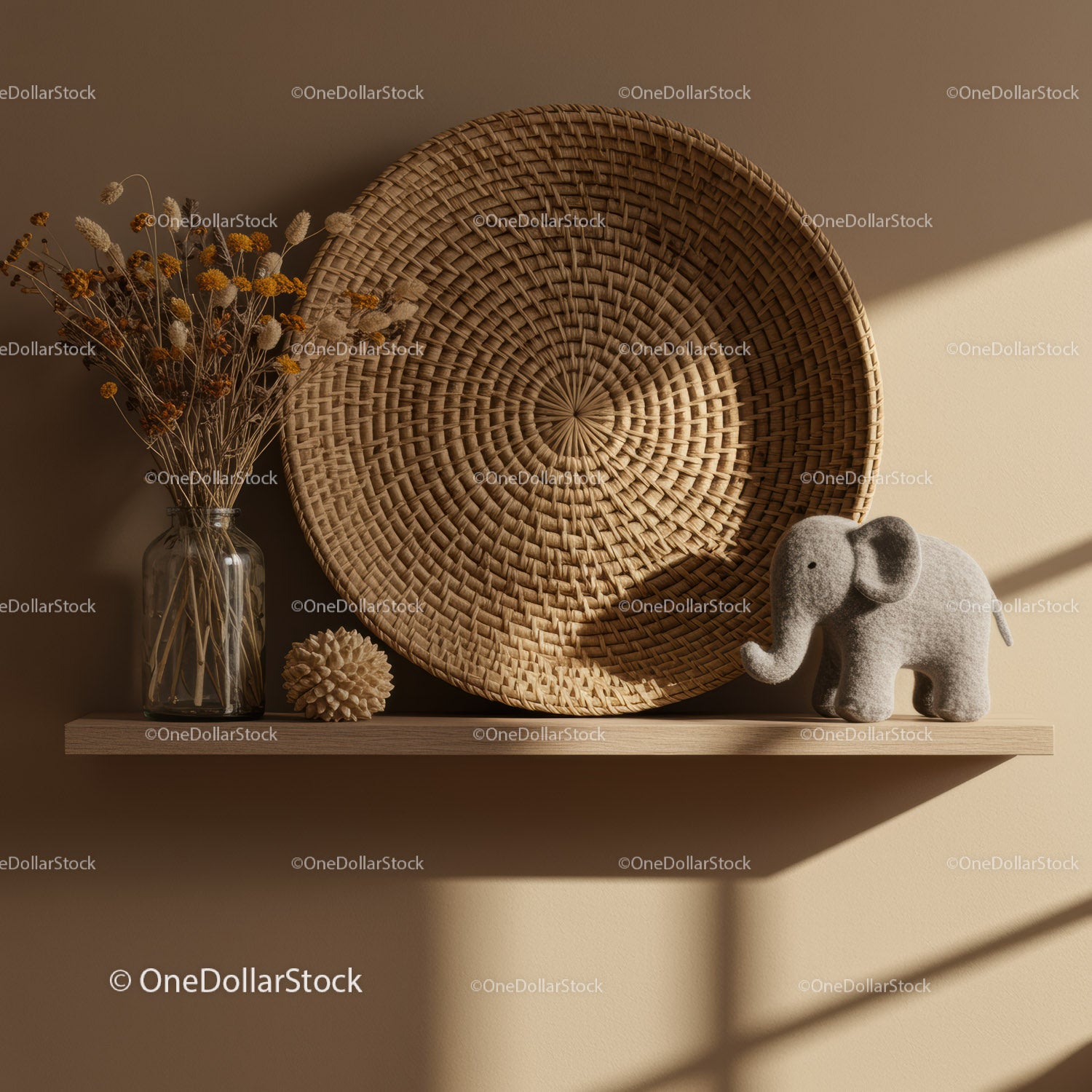 Natural decor with dried flowers woven basket and elephant