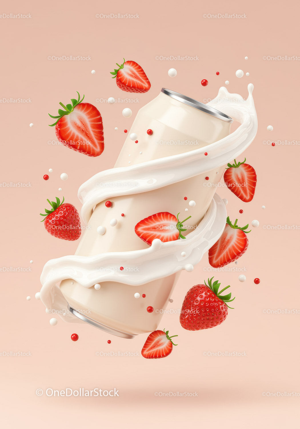 Creamy Beverage Can with Fresh Strawberries and Milk Splash
