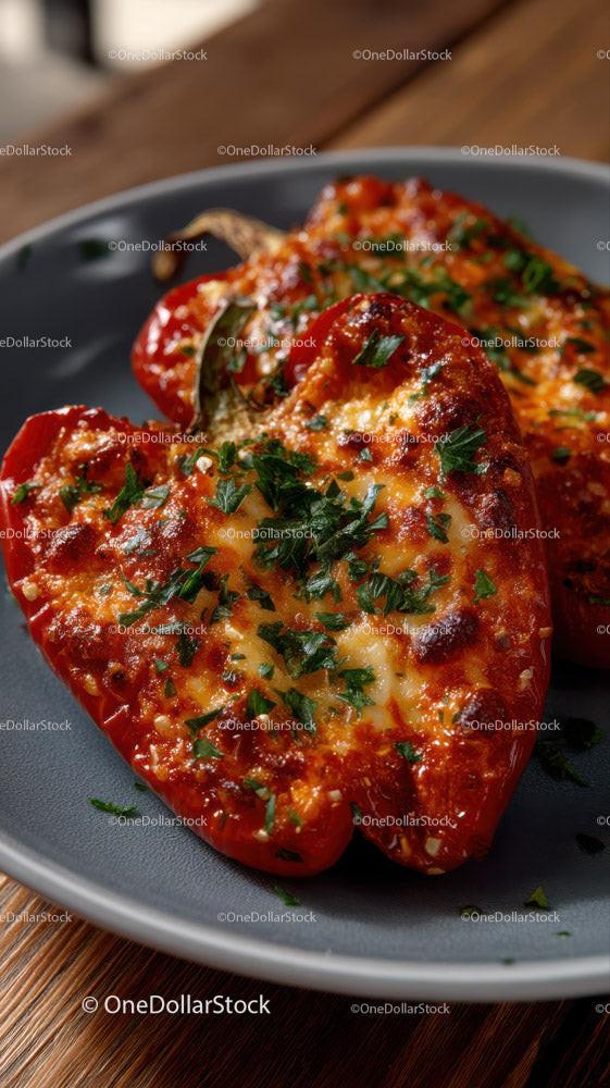 Stuffed Red Bell Peppers with Cheese and Parsley on a Modern Plate