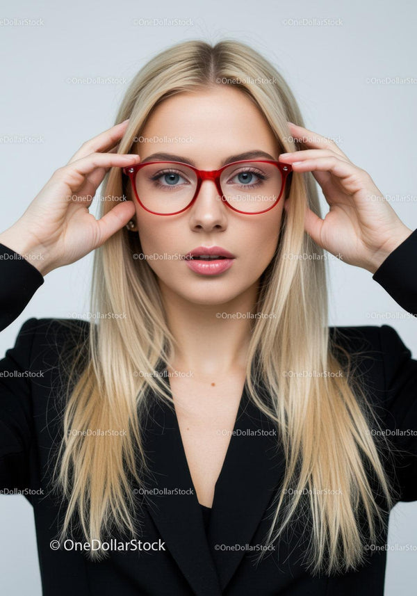 Elegant Young Woman with Red Glasses and Blonde Hair Portrait