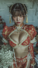 Fashionable Young Woman in Traditional Red and Gold Costume with Elegant Styling