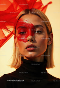 Creative Artistic Makeup Portrait with Red Face Paint and Blonde Hair