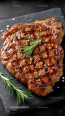 Juicy Grilled Pork Chop with Rosemary Garnish on Dark Slate Plate