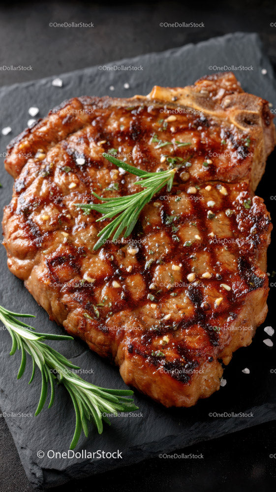 Juicy Grilled Pork Chop with Rosemary Garnish on Dark Slate Plate