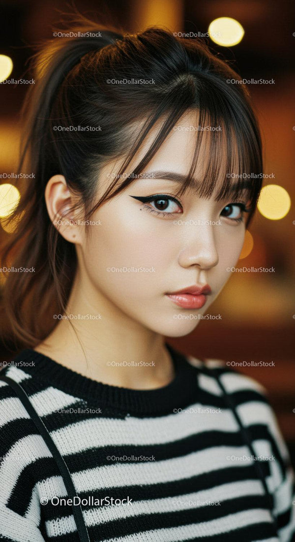 Young Woman with Stylish Hair and Makeup in Urban Night Setting