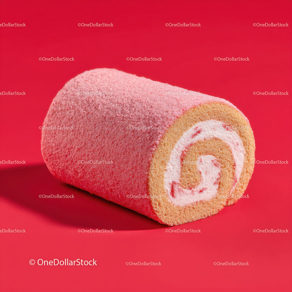 Pink Velvet Cake Roll with Cream Filling in Bright Red Background (16 Images)