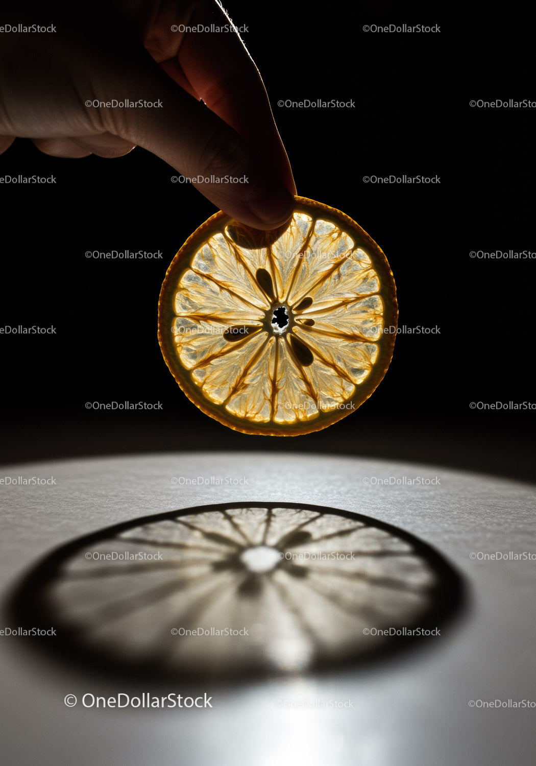 Hand Holding Backlit Dried Lemon Slice Casting Shadow