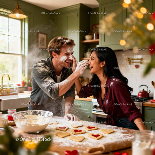 Couple Playfully Baking Heart Shaped Cookies Together
