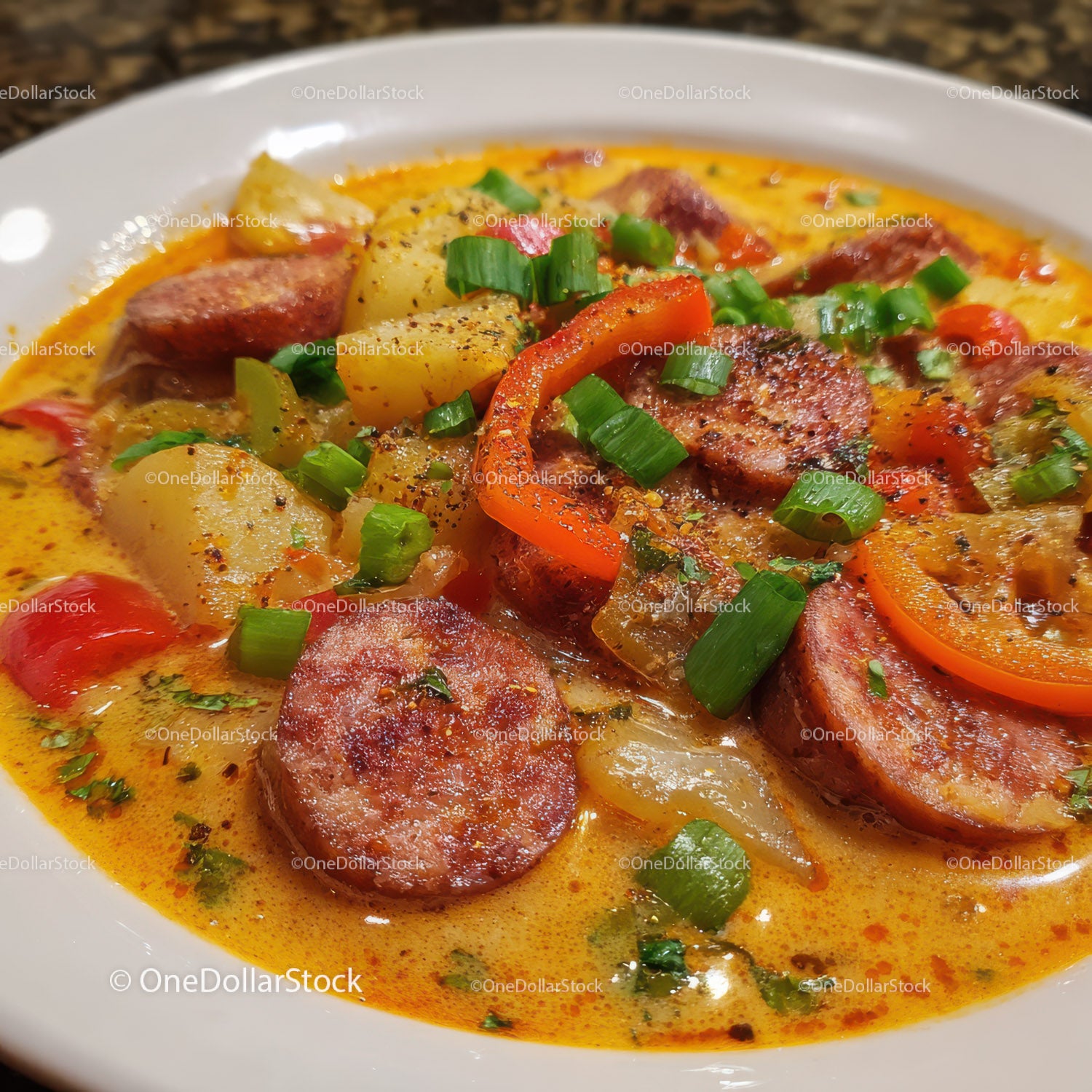 Colorful Sausage and Potato Stew with Bell Peppers and Green Onions