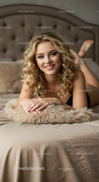Smiling young woman relaxing on cozy bed at home