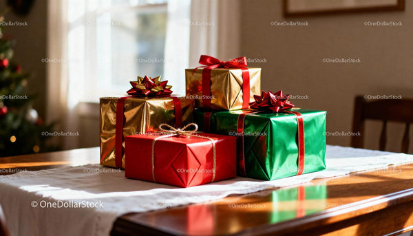 Holiday wrapped gifts on wooden table with natural light