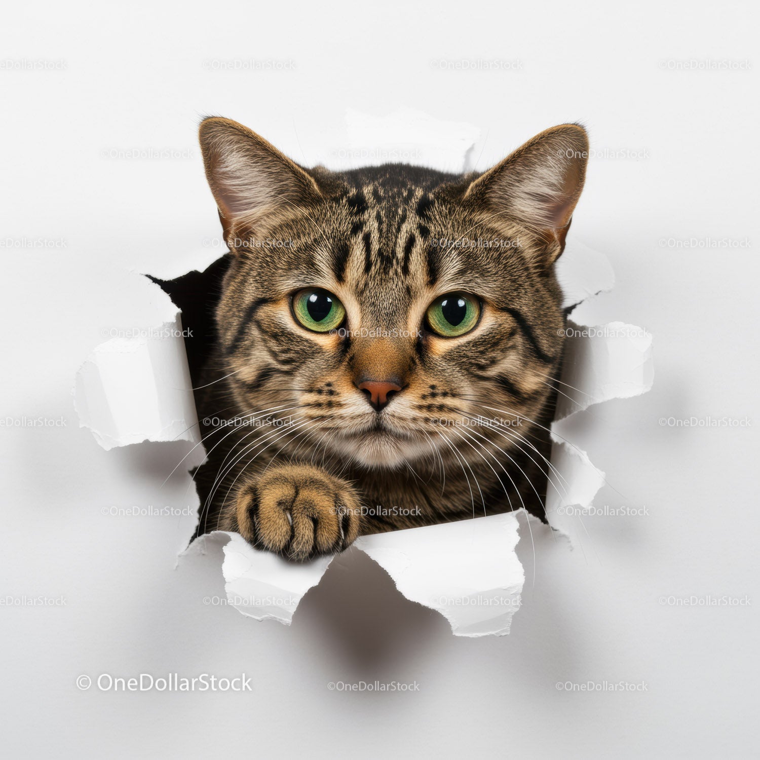 Curious tabby cat peeking through torn paper