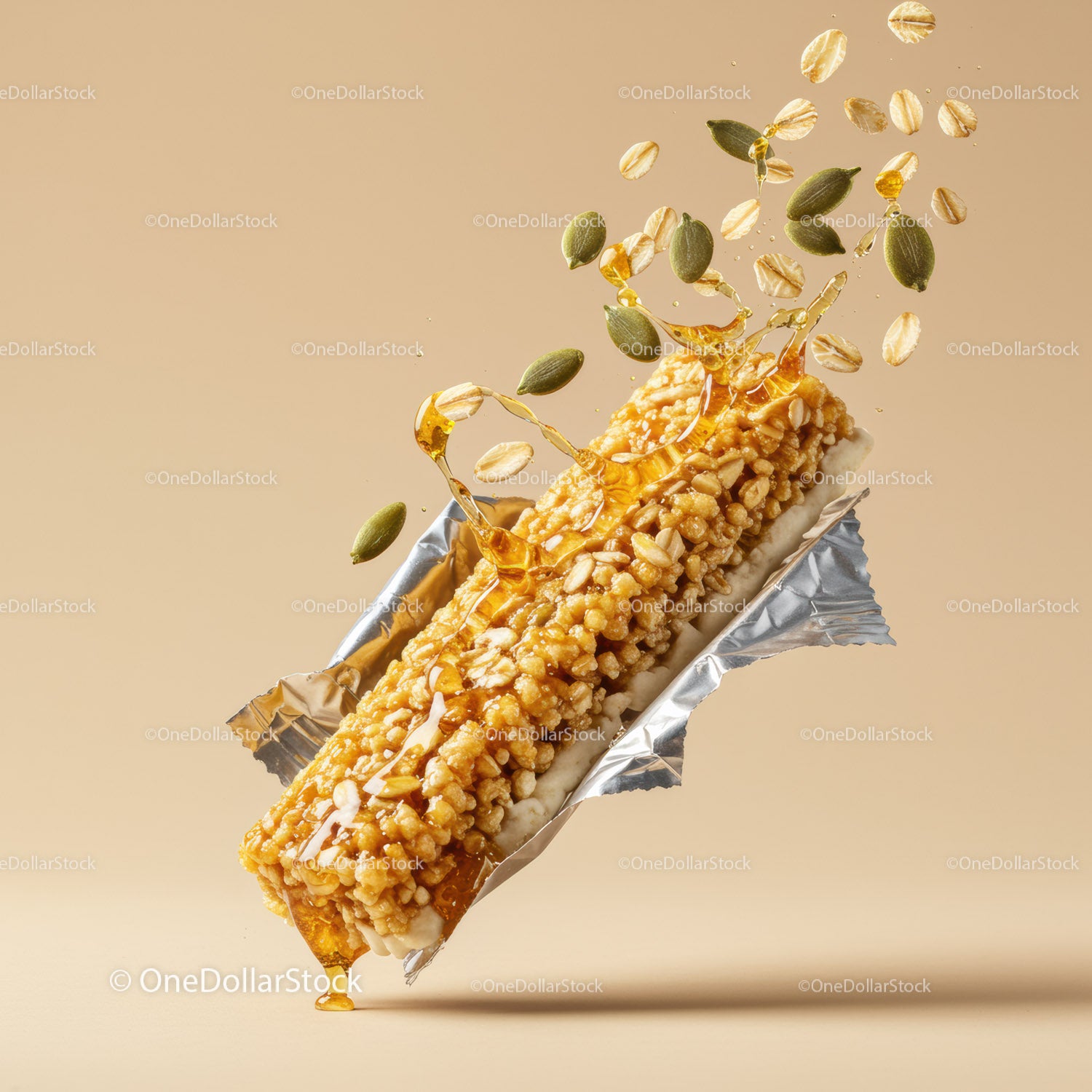 Crunchy granola bar with honey splash and seeds