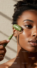Close-up of Black Woman Using Jade Roller for Facial Massage