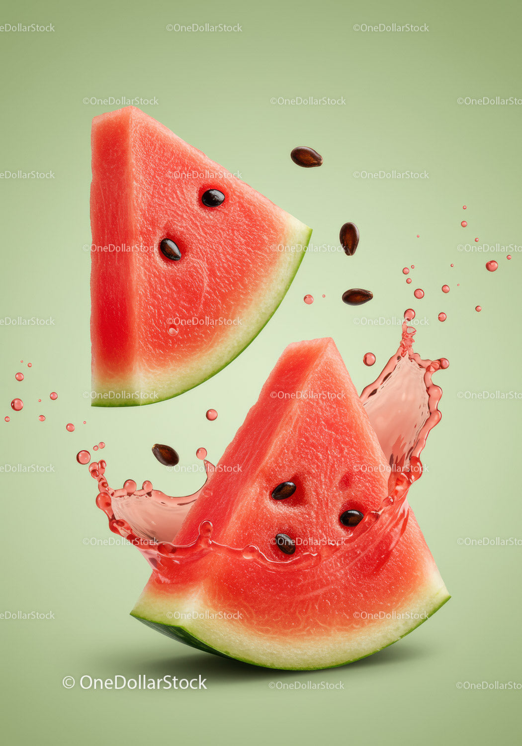 Fresh Watermelon Slices Splashing Juicy Seeds
