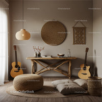 Cozy bohemian living room corner with acoustic guitars
