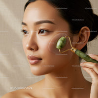 Young Woman Using Jade Roller for Facial Massage and Skin Care
