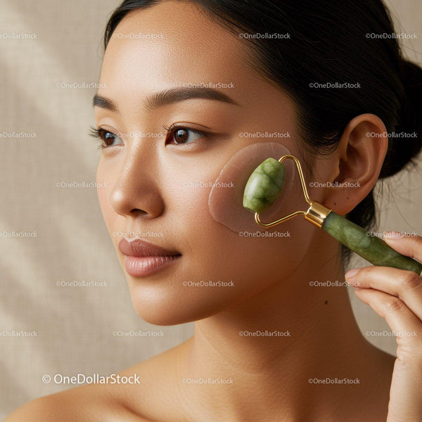Young Woman Using Jade Roller for Facial Massage and Skin Care
