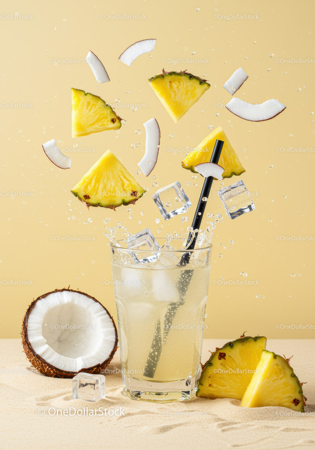Refreshing Pineapple Coconut Drink with Ice Splash