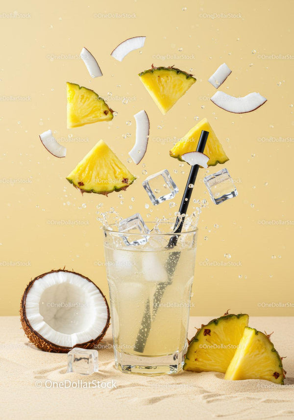 Refreshing Pineapple Coconut Drink with Ice Splash