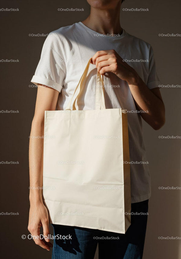 Person Holding Plain White Reusable Tote Bag JPG Mockup Image