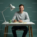 Smiling Young Man at a Modern Desk with Green Accents
