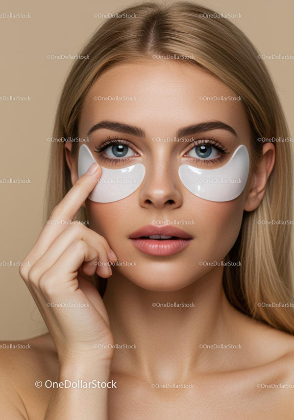 Beautiful Woman with Eye Patches Applying Skincare Treatment