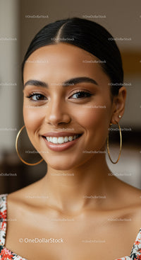 Elegant Woman with Bright Smile and Gold Hoop Earrings