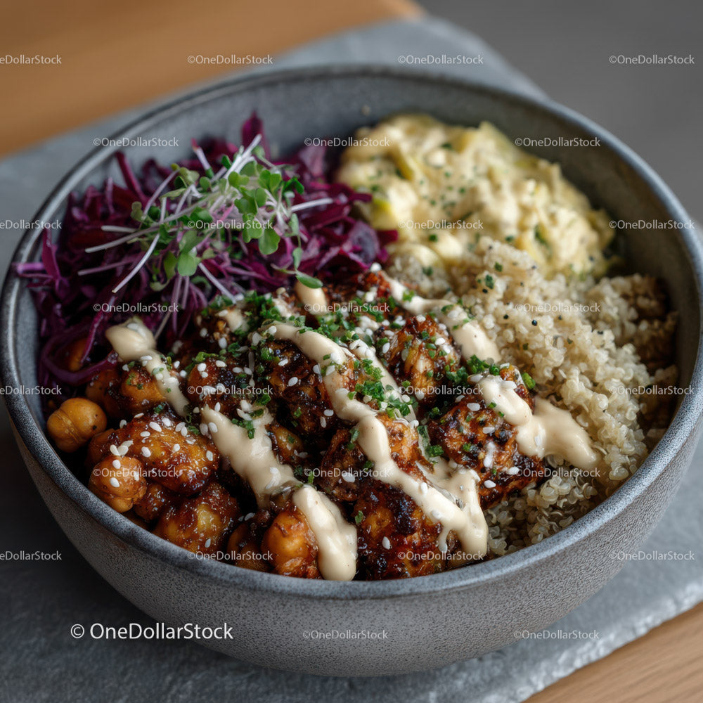 Colorful Plant-Based Bowl with Chickpeas Quinoa and Veggies