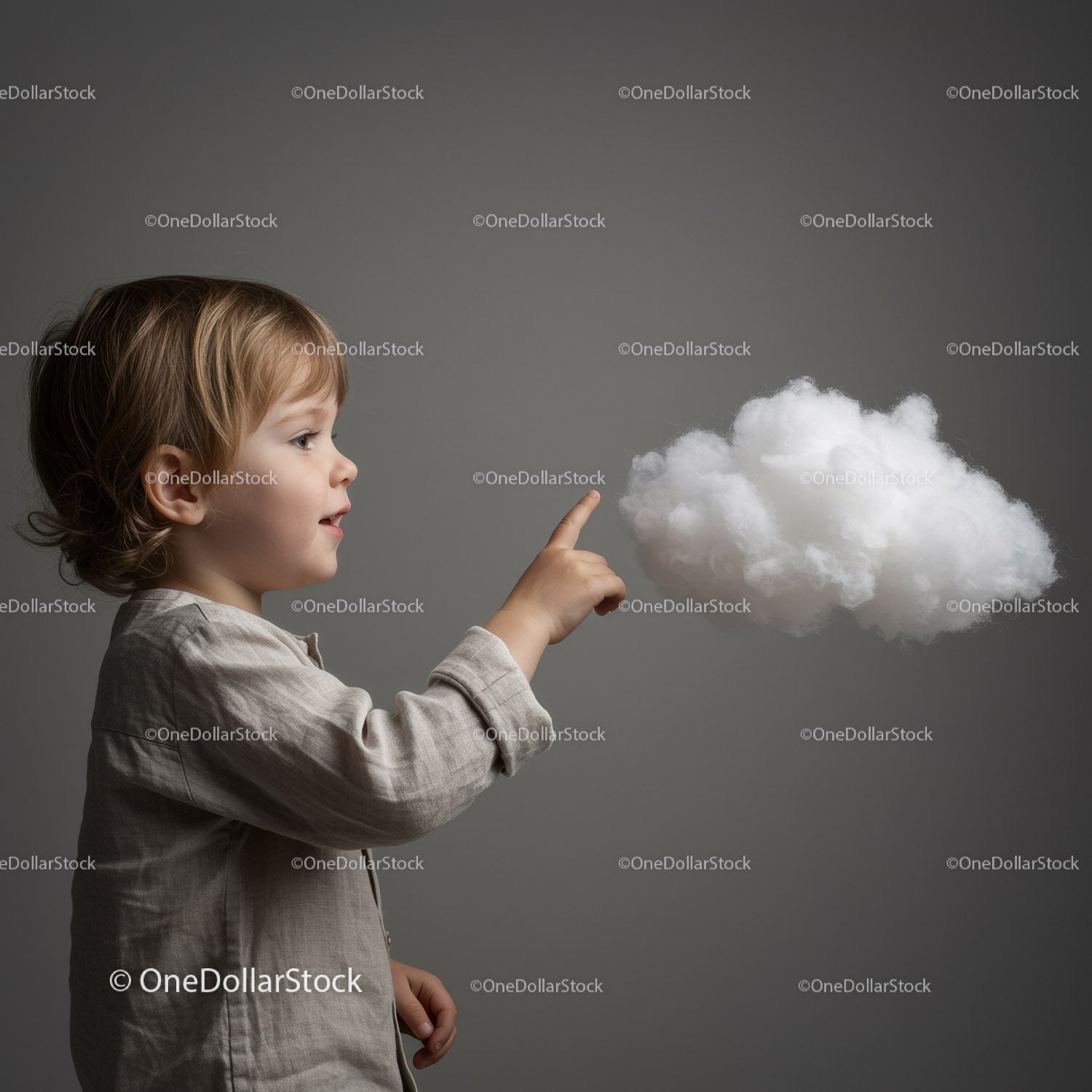Curious child reaching out to fluffy white cloud