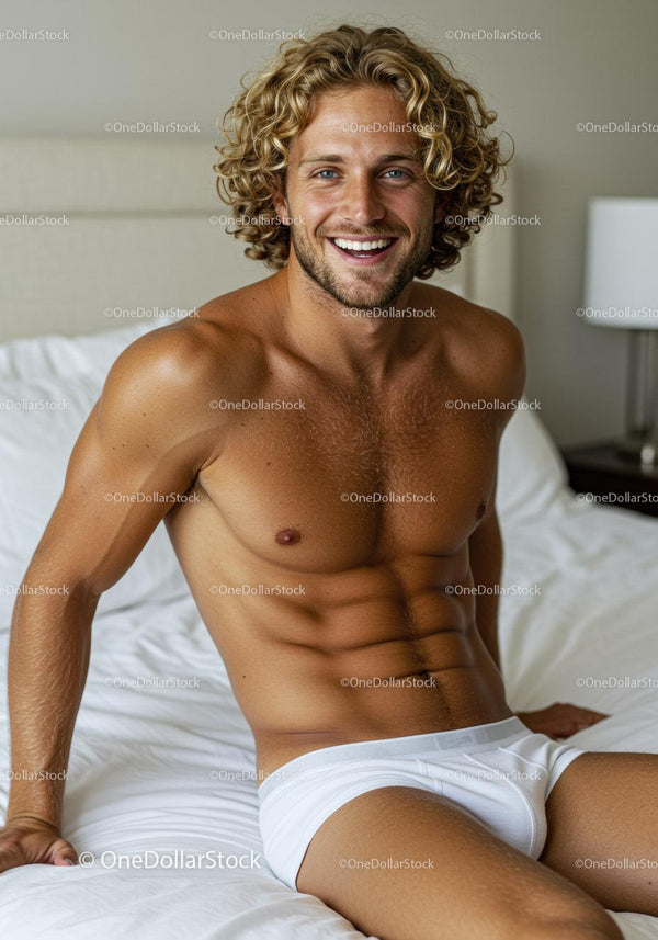Smiling young man sitting relaxed on bed in white briefs