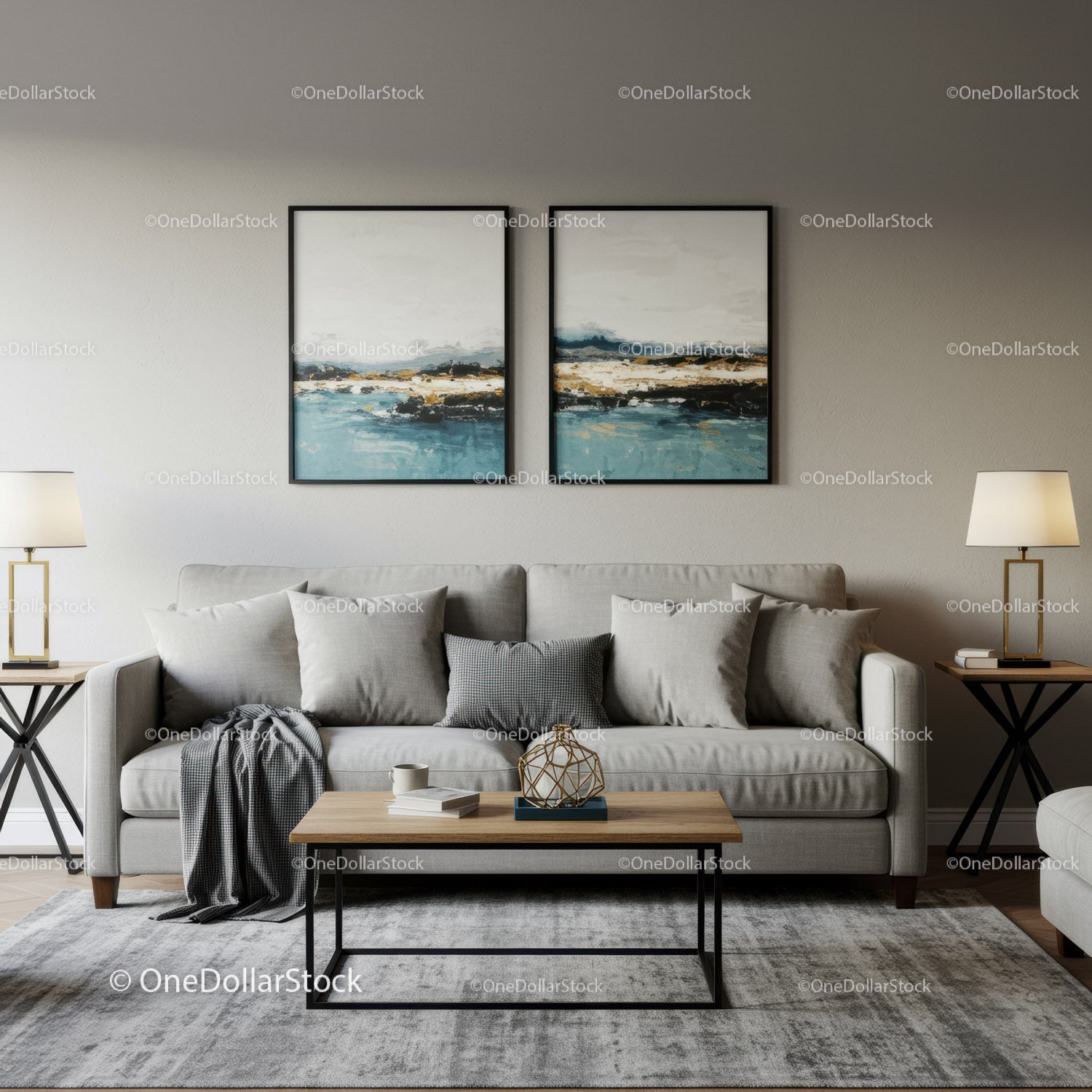 Modern Living Room with Grey Sofa and Abstract Wall Art