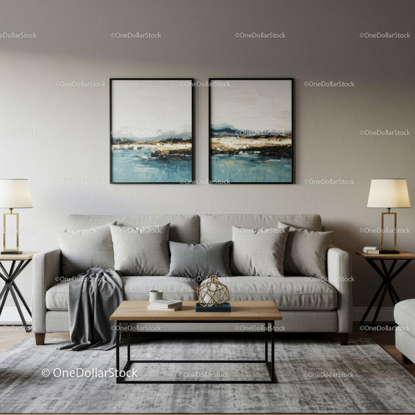 Modern Living Room with Grey Sofa and Abstract Wall Art