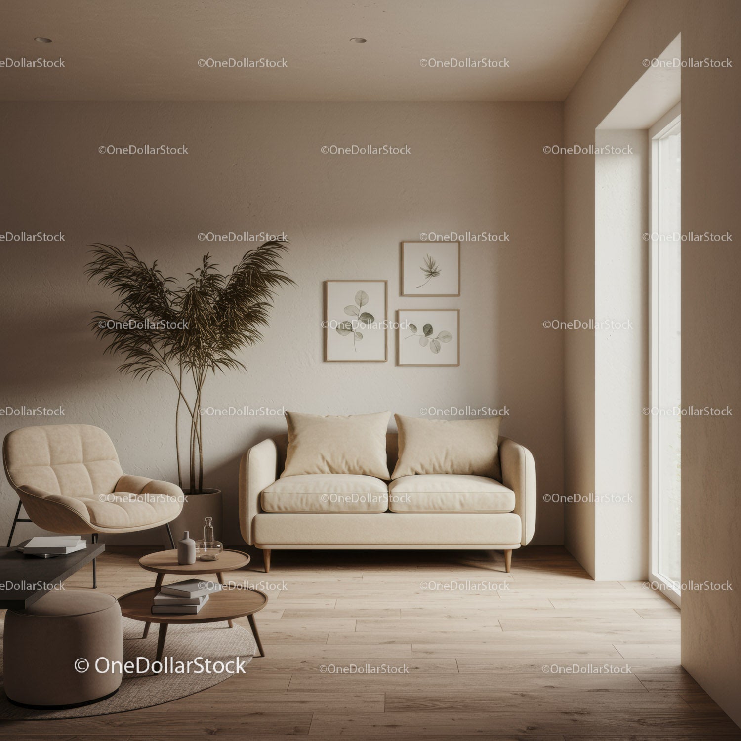 Minimalist Living Room with Beige Sofa and Indoor Plant