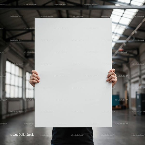 Person holding a blank white poster in industrial space JPG Mockup Image