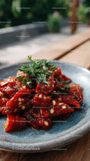 Spicy Red Chili Ribs with Fresh Coriander Garnish on Rustic Plate