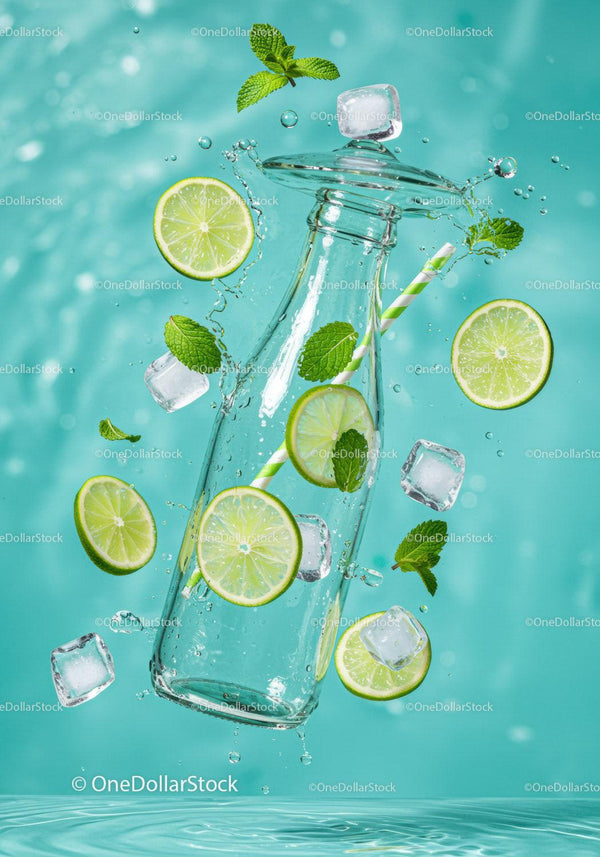 Refreshing glass bottle with lime slices and mint leaves