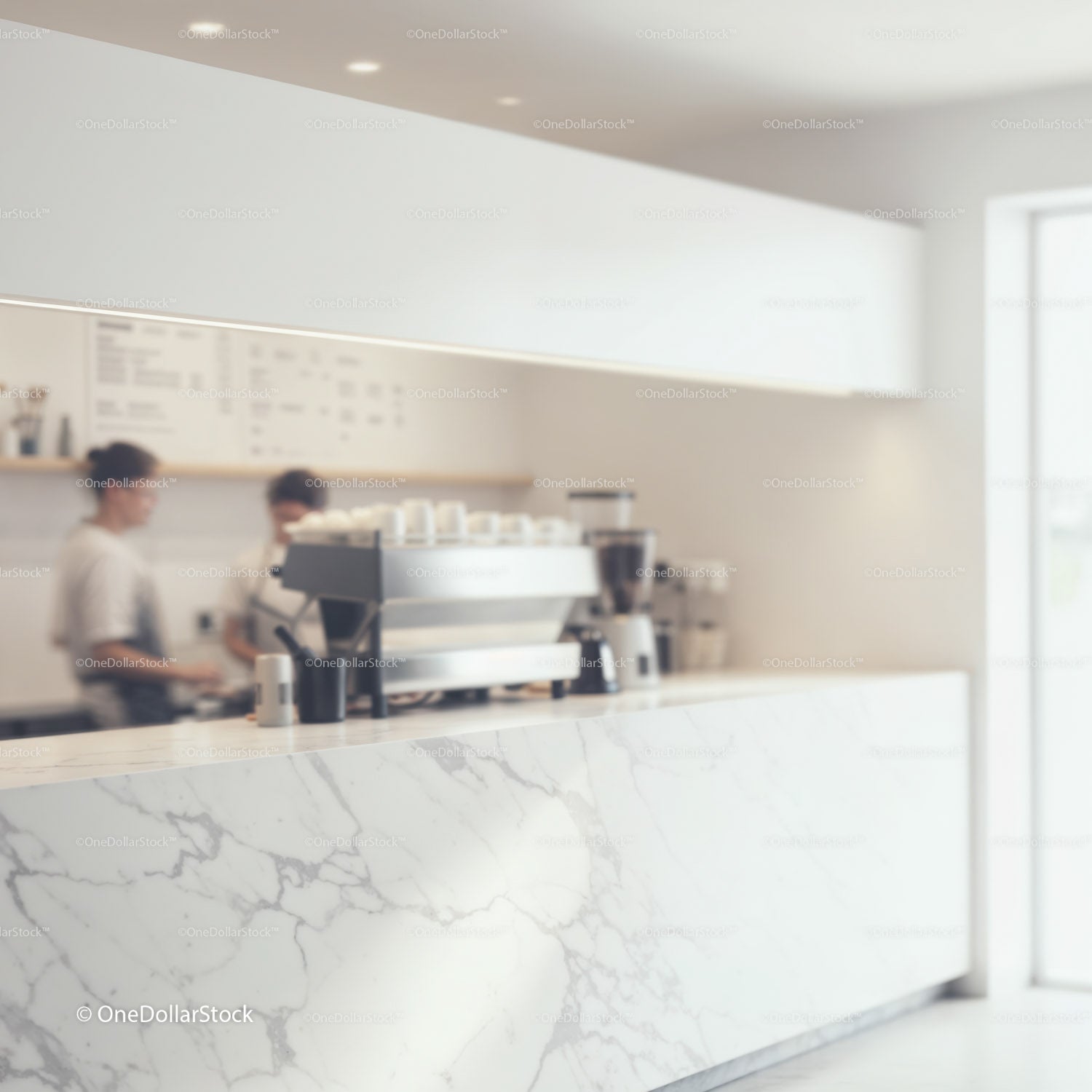 Modern coffee bar with marble countertop and baristas